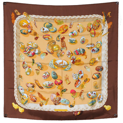 Hermès Carré 90 "Couvee D Hermes" 100% Silk Scarf in Brown