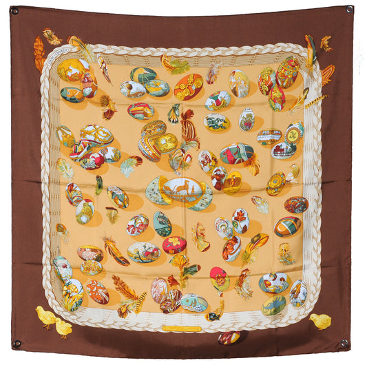 Hermès Carré 90 "Couvee D Hermes" 100% Silk Scarf in Brown