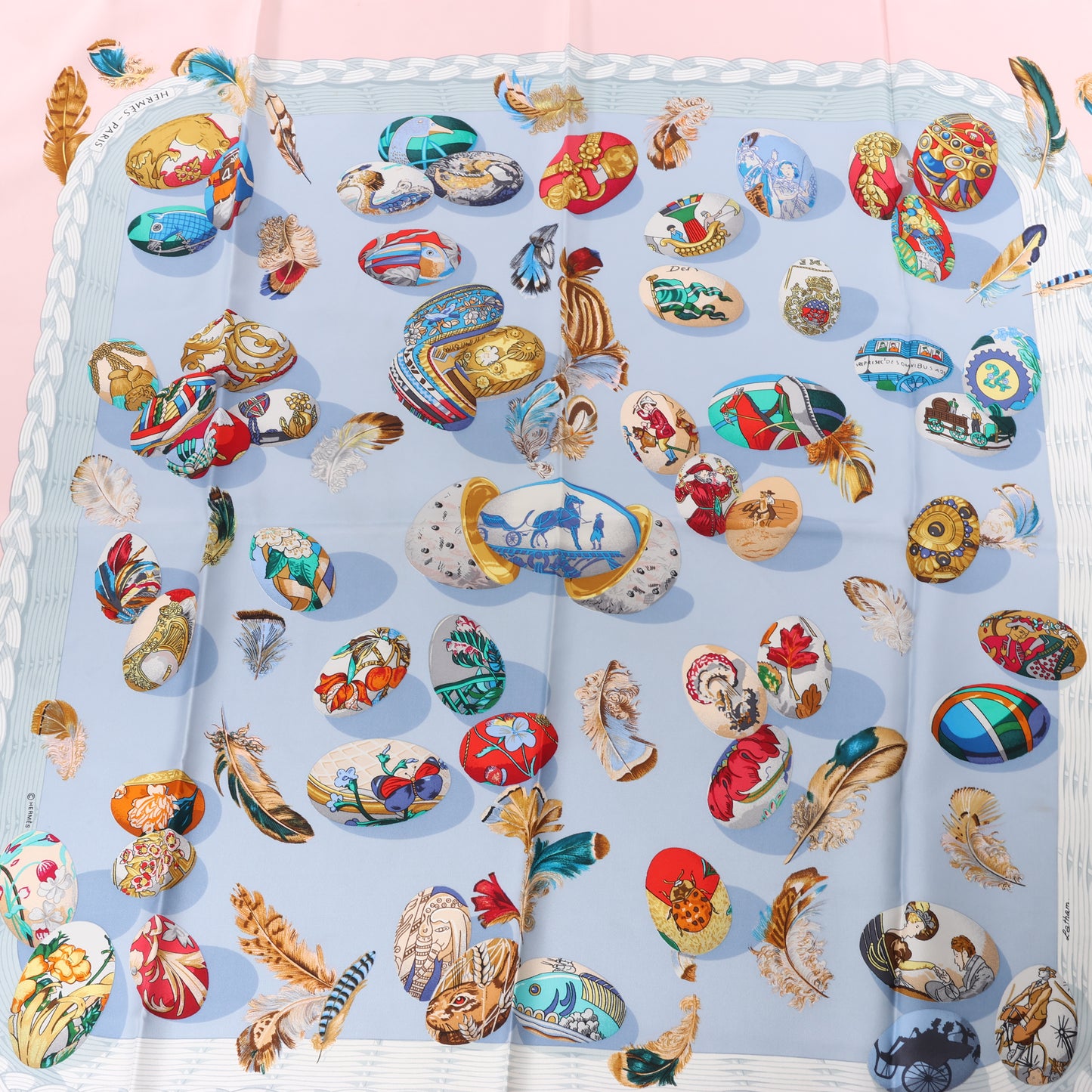 Hermès Carré 90 "Couvee d'Hermes" 100% Silk Scarf in Pink x Blue