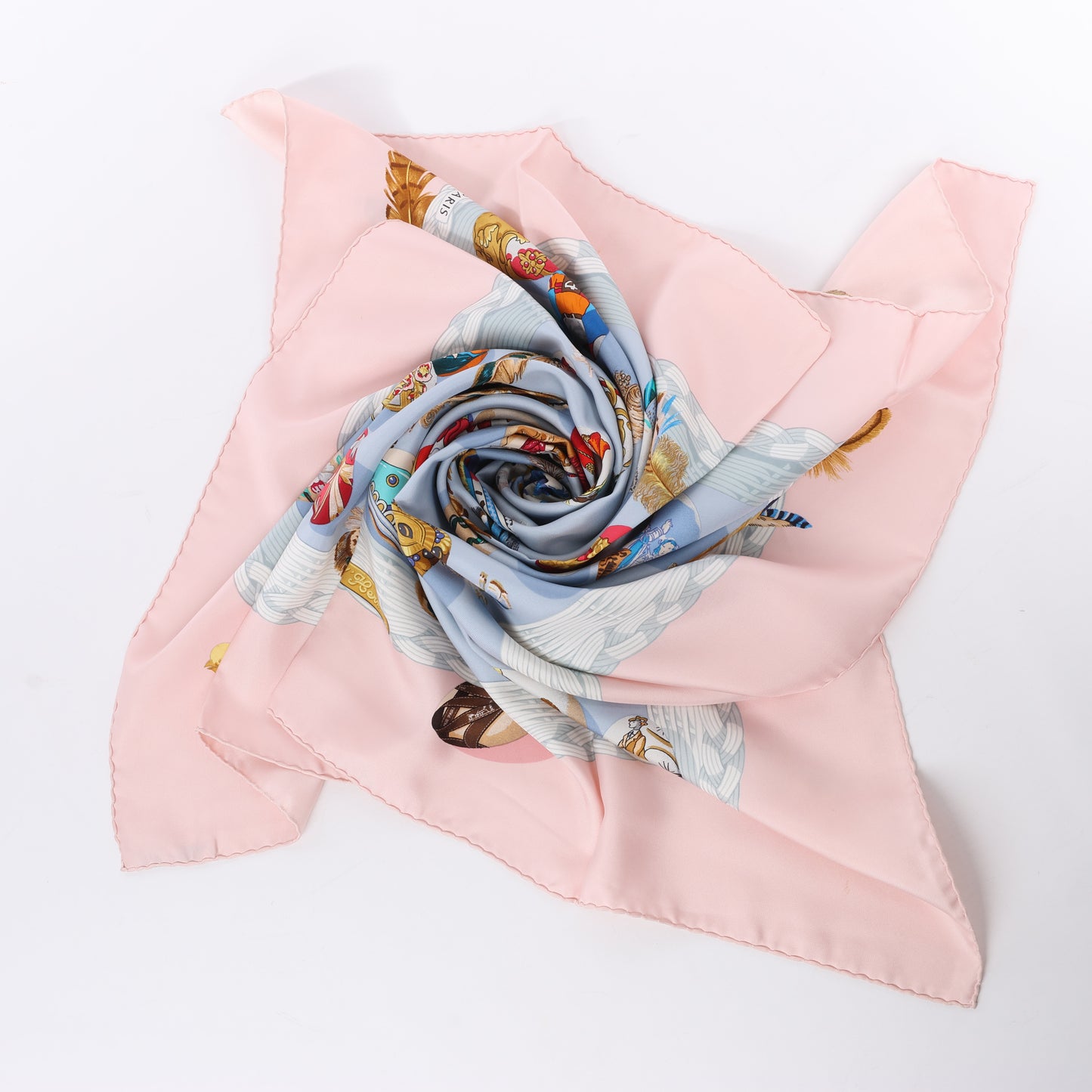 Hermès Carré 90 "Couvee d'Hermes" 100% Silk Scarf in Pink x Blue
