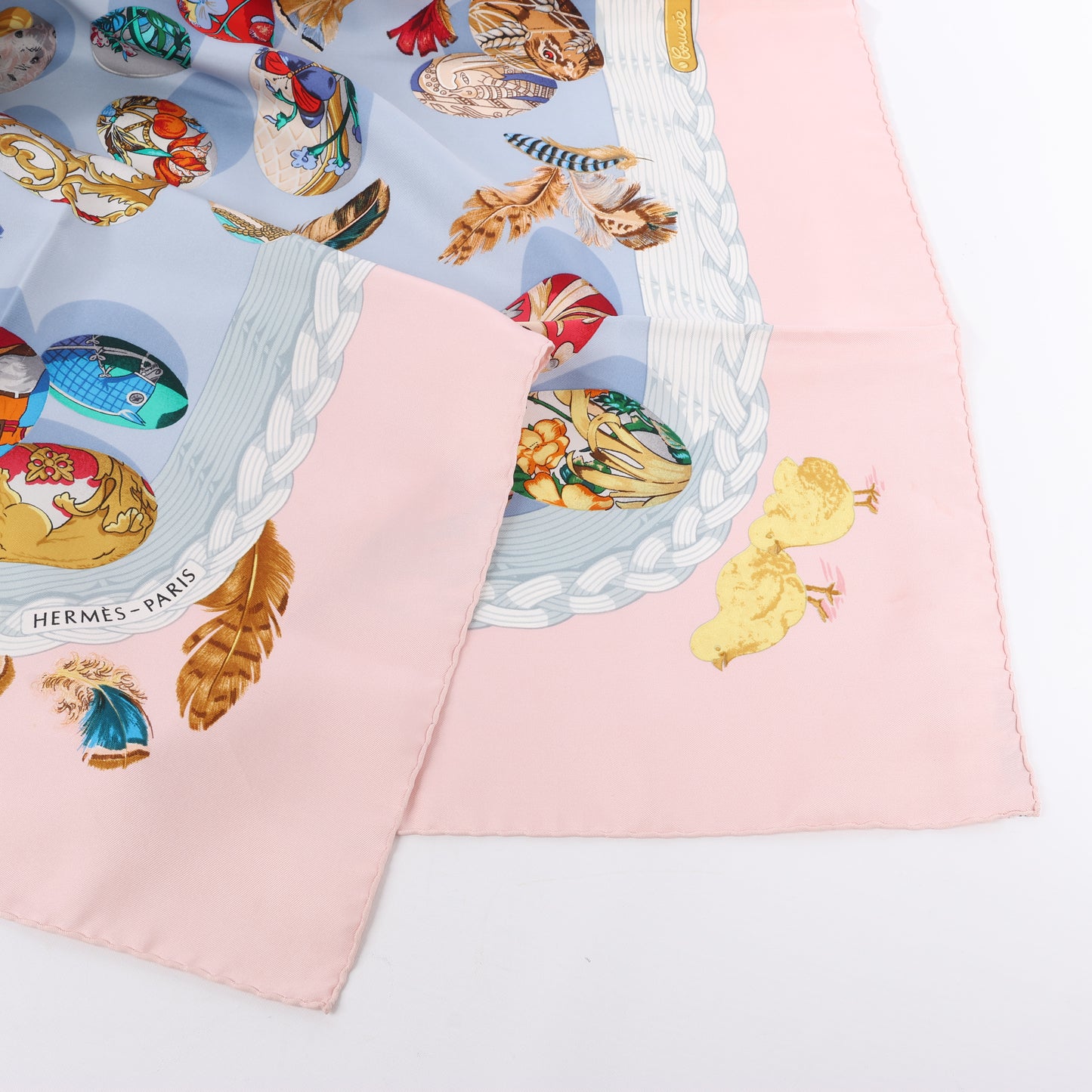 Hermès Carré 90 "Couvee d'Hermes" 100% Silk Scarf in Pink x Blue