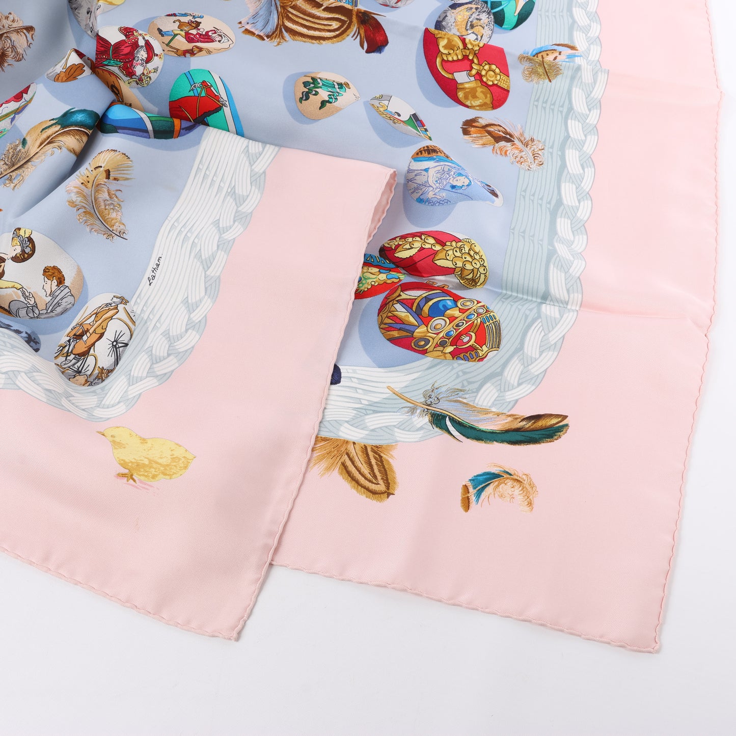 Hermès Carré 90 "Couvee d'Hermes" 100% Silk Scarf in Pink x Blue