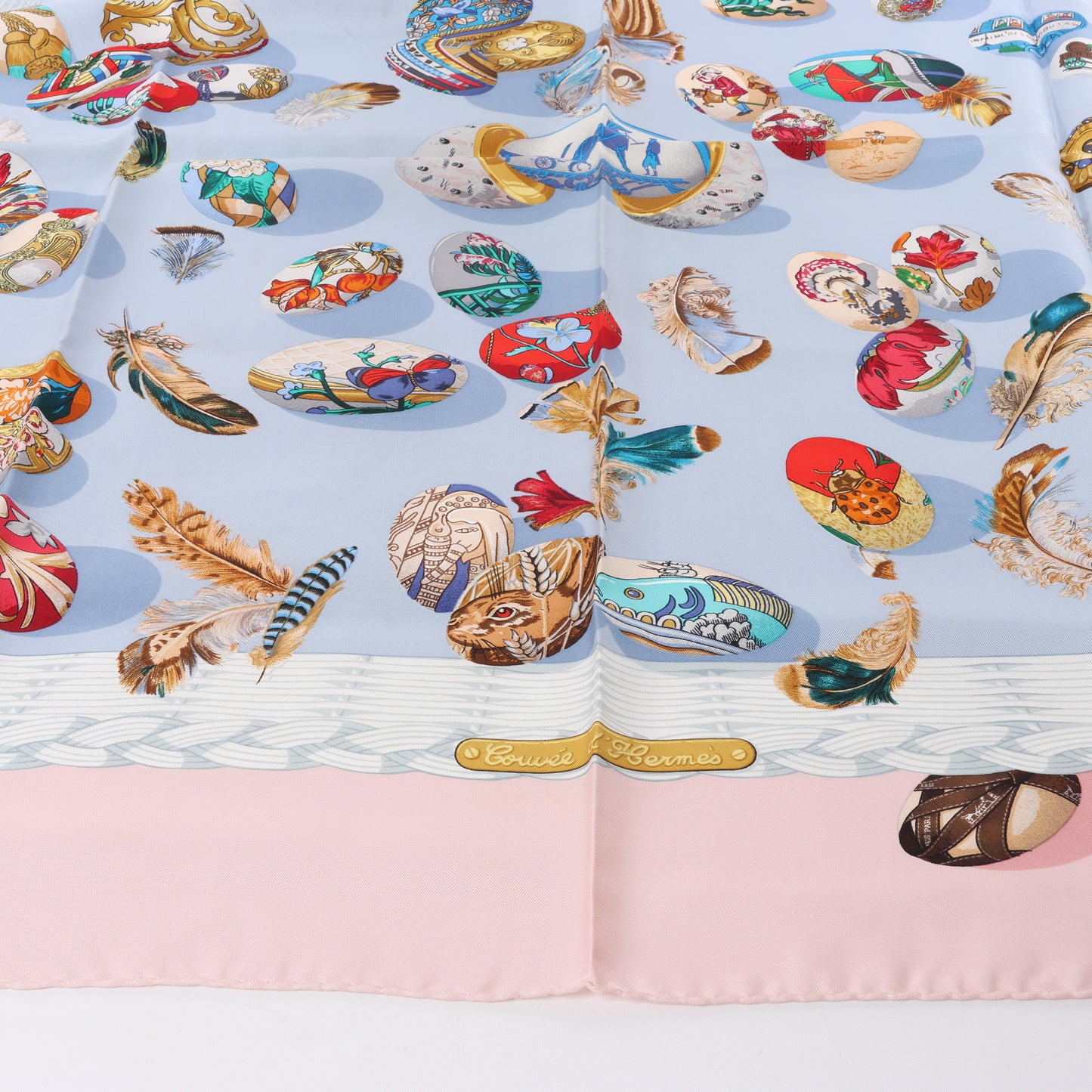 Hermès Carré 90 "Couvee d'Hermes" 100% Silk Scarf in Pink x Blue
