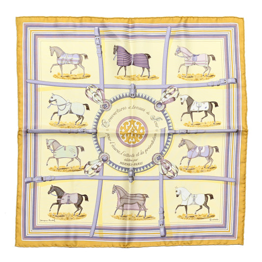 Hermès Carré 90 "Couvertures Et Tenues de Jour Pocket Square" 100% Silk Scarf in Beige