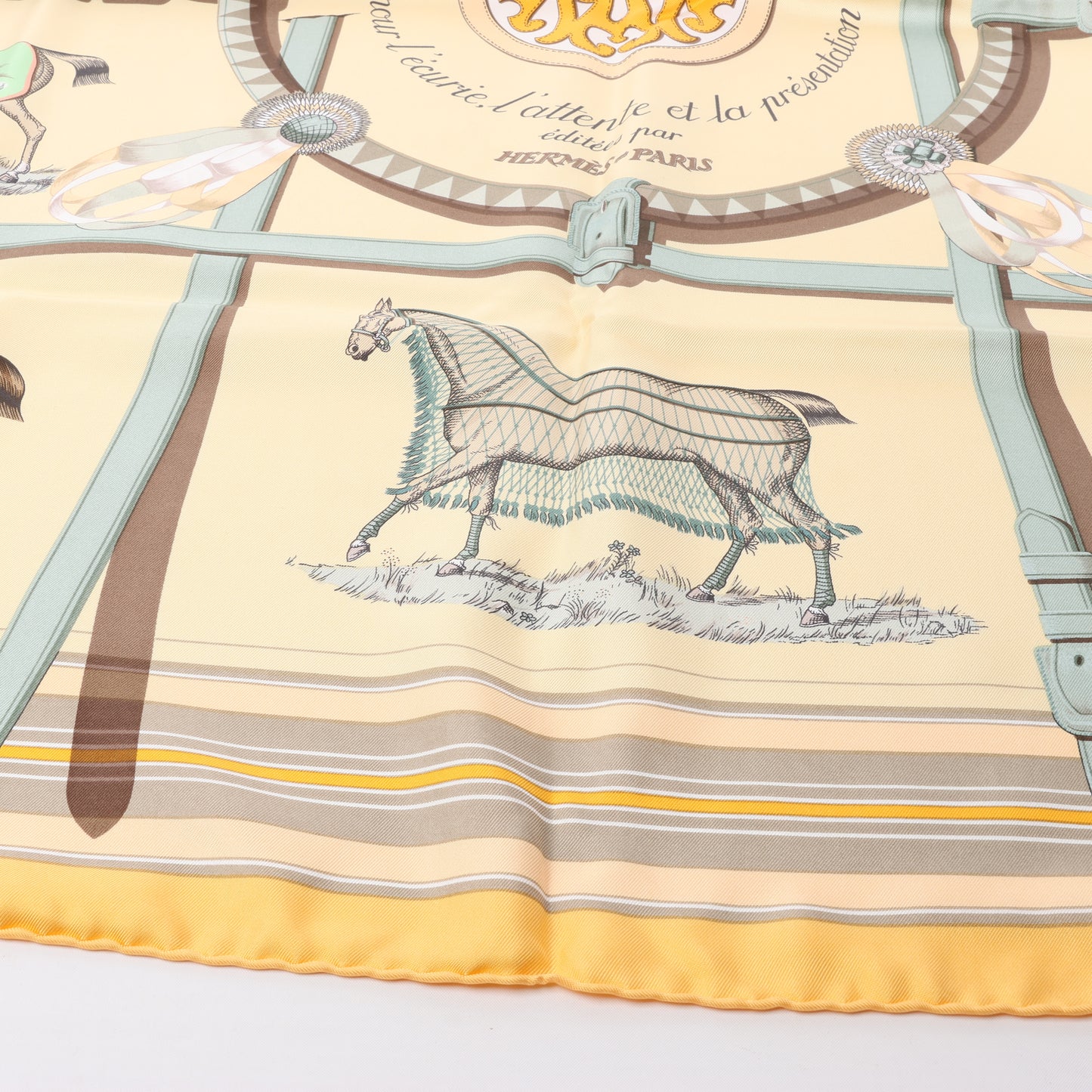 Hermès Carré 90 "Couvertures Et Tenues de Jour Pocket Square" 100% Silk Scarf in Beige