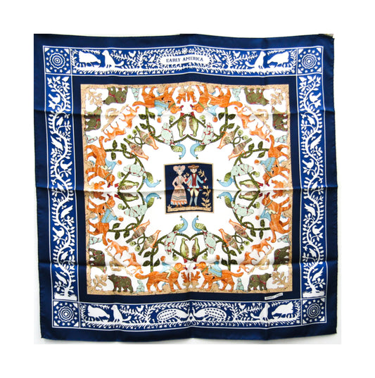 Hermès Carré 90 "EARLY AMERICA" 100% Silk Scarf in Navy