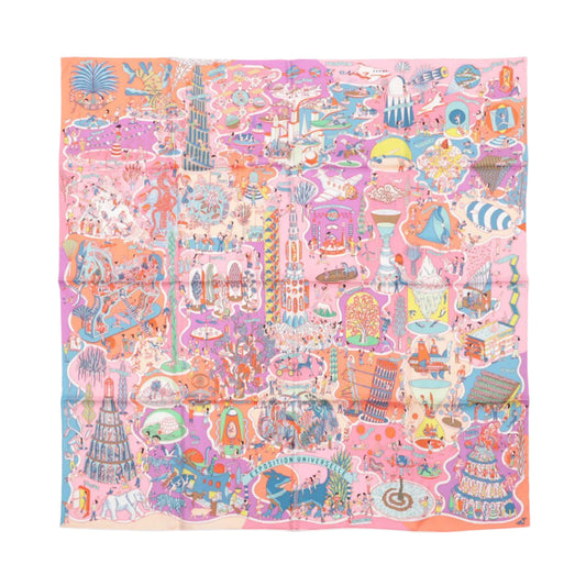 Hermès Carré 90 "Exposition Universelle" 100% Silk Scarf in Pink