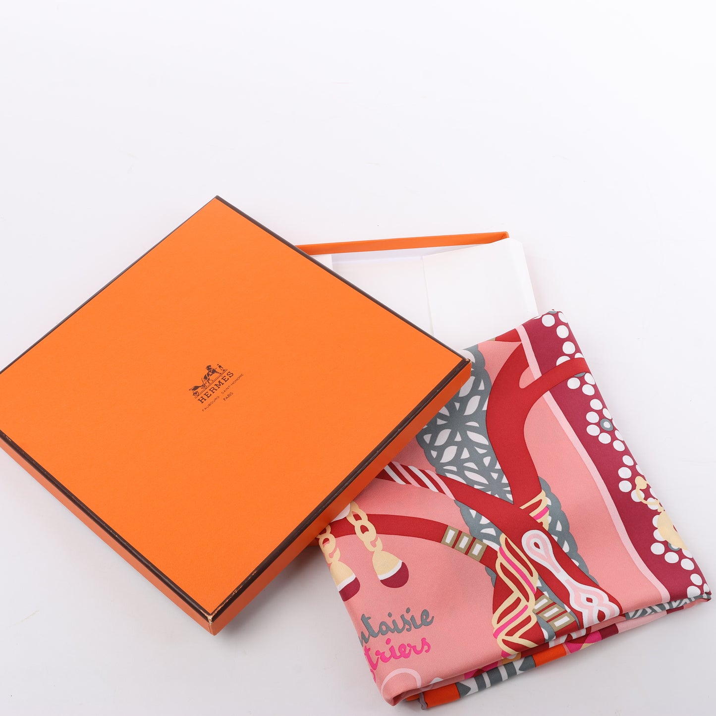 Hermès Carré 90 "Fantaisie D'etriers" 100% Silk Scarf in Orange
