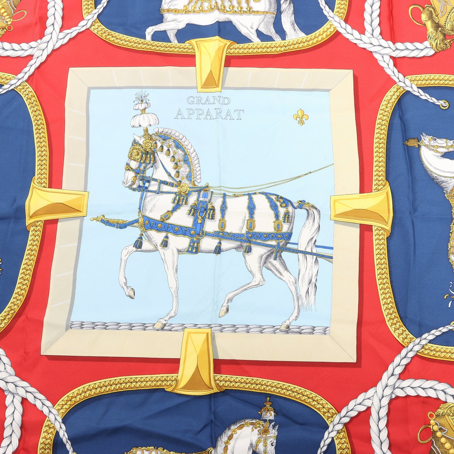 Hermès Carré 90 "GRAND APPARAT" 100% Silk Scarf in Navy x Red