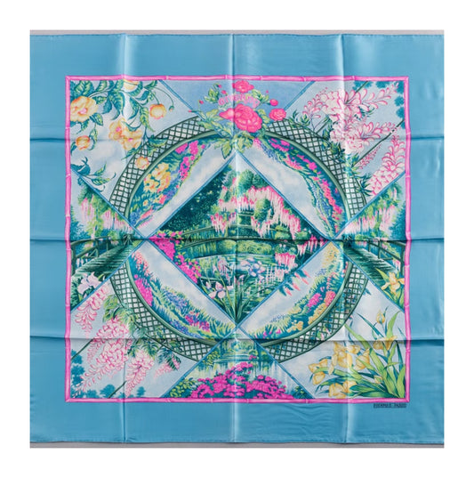 Hermès Carré 90 "Giverny Gardens" 100% Silk Scarf in Blue