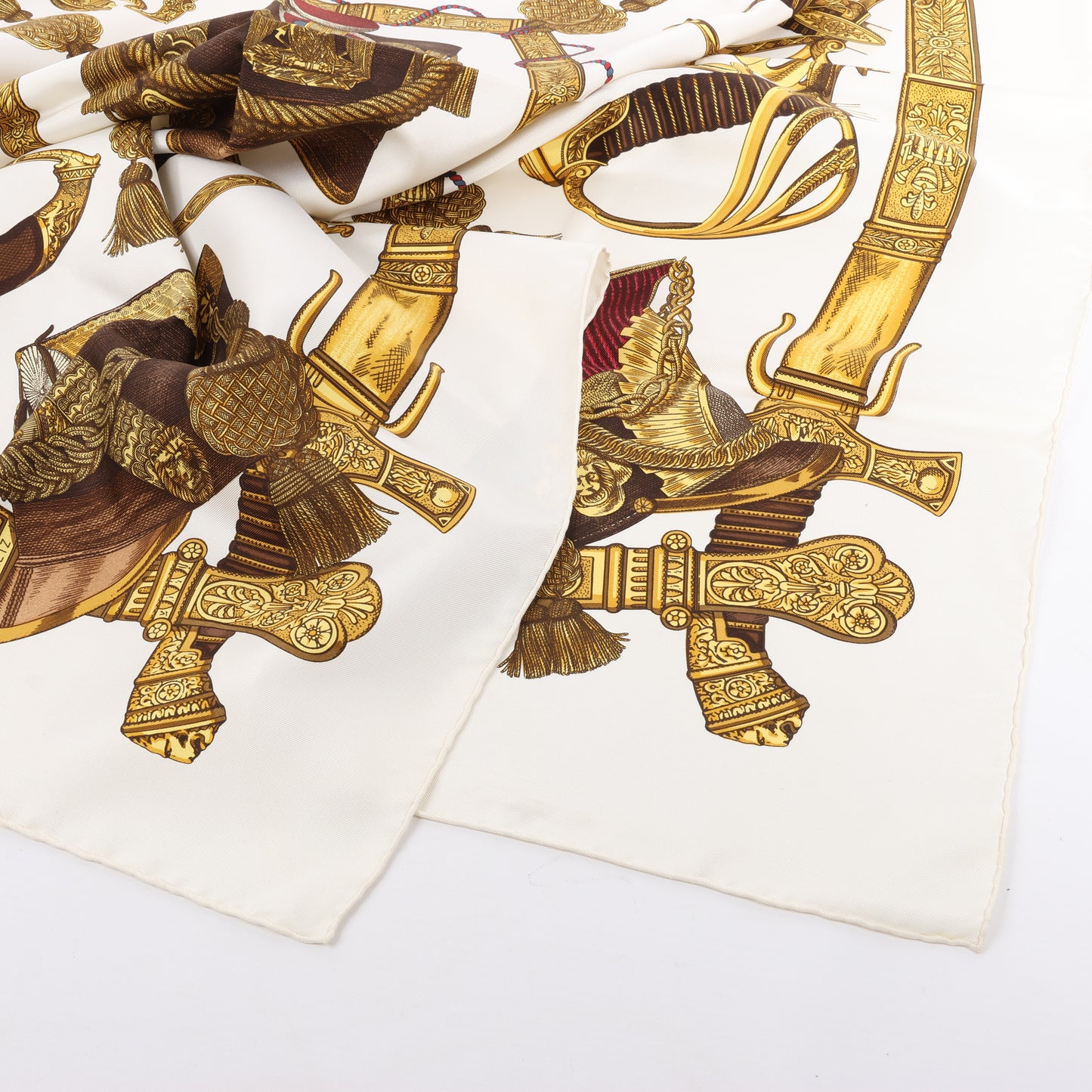 Hermès Carré 90 "Grand Uniforme" 100% Silk Scarf in Brown and Ecru