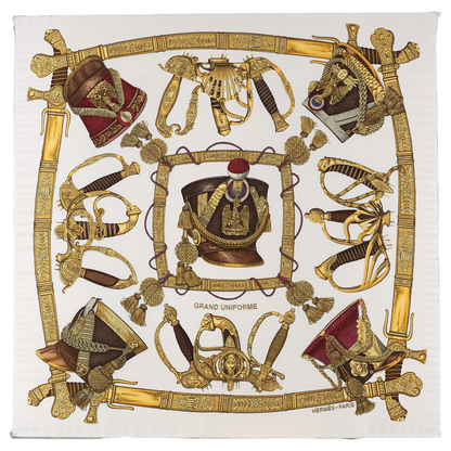 Hermès Carré 90 "Grand Uniforme" 100% Silk Scarf in Brown and Ecru