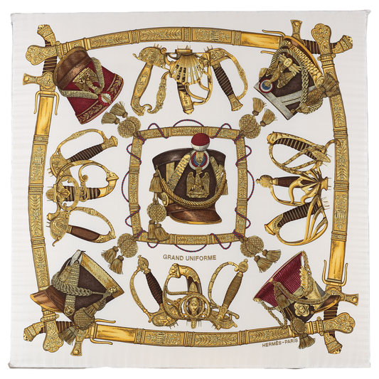 Hermès Carré 90 "Grand Uniforme" 100% Silk Scarf in Brown and Ecru