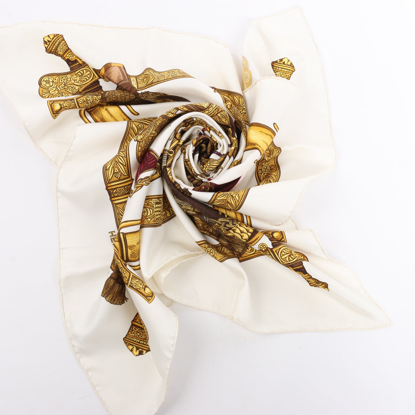Hermès Carré 90 "Grand Uniforme" 100% Silk Scarf in Brown and Ecru