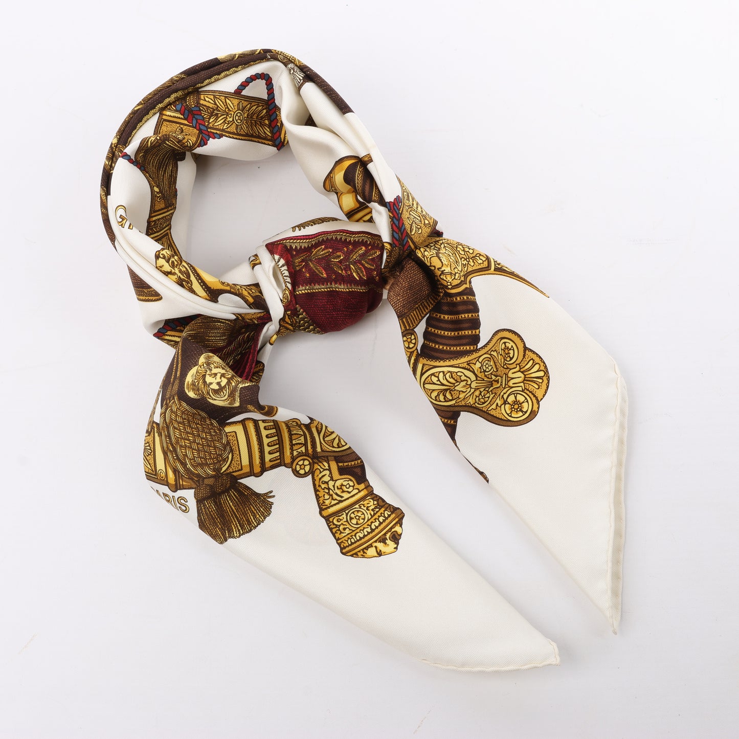 Hermès Carré 90 "Grand Uniforme" 100% Silk Scarf in Brown and Ecru