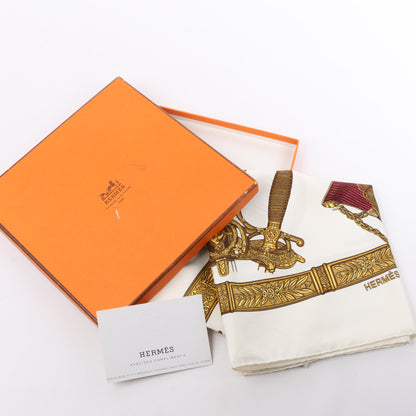Hermès Carré 90 "Grand Uniforme" 100% Silk Scarf in Brown and Ecru