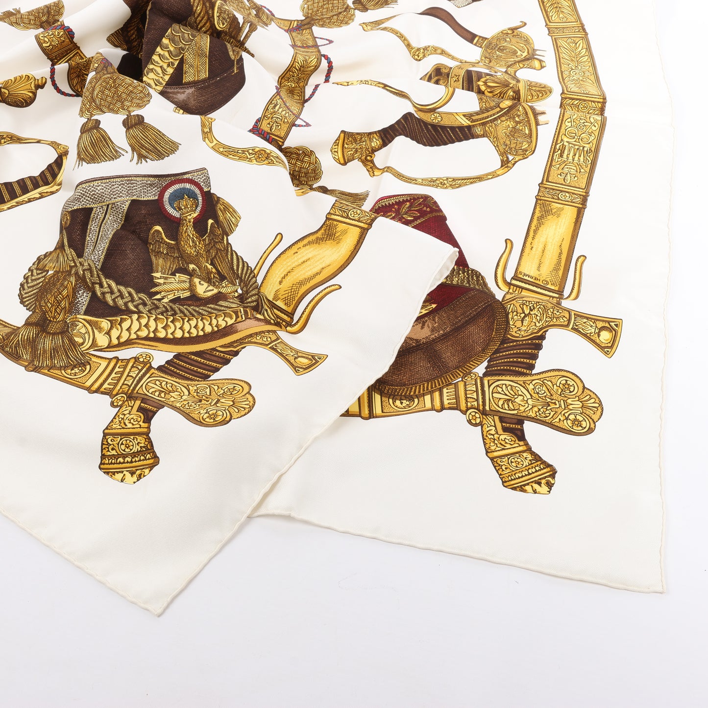 Hermès Carré 90 "Grand Uniforme" 100% Silk Scarf in Brown and Ecru