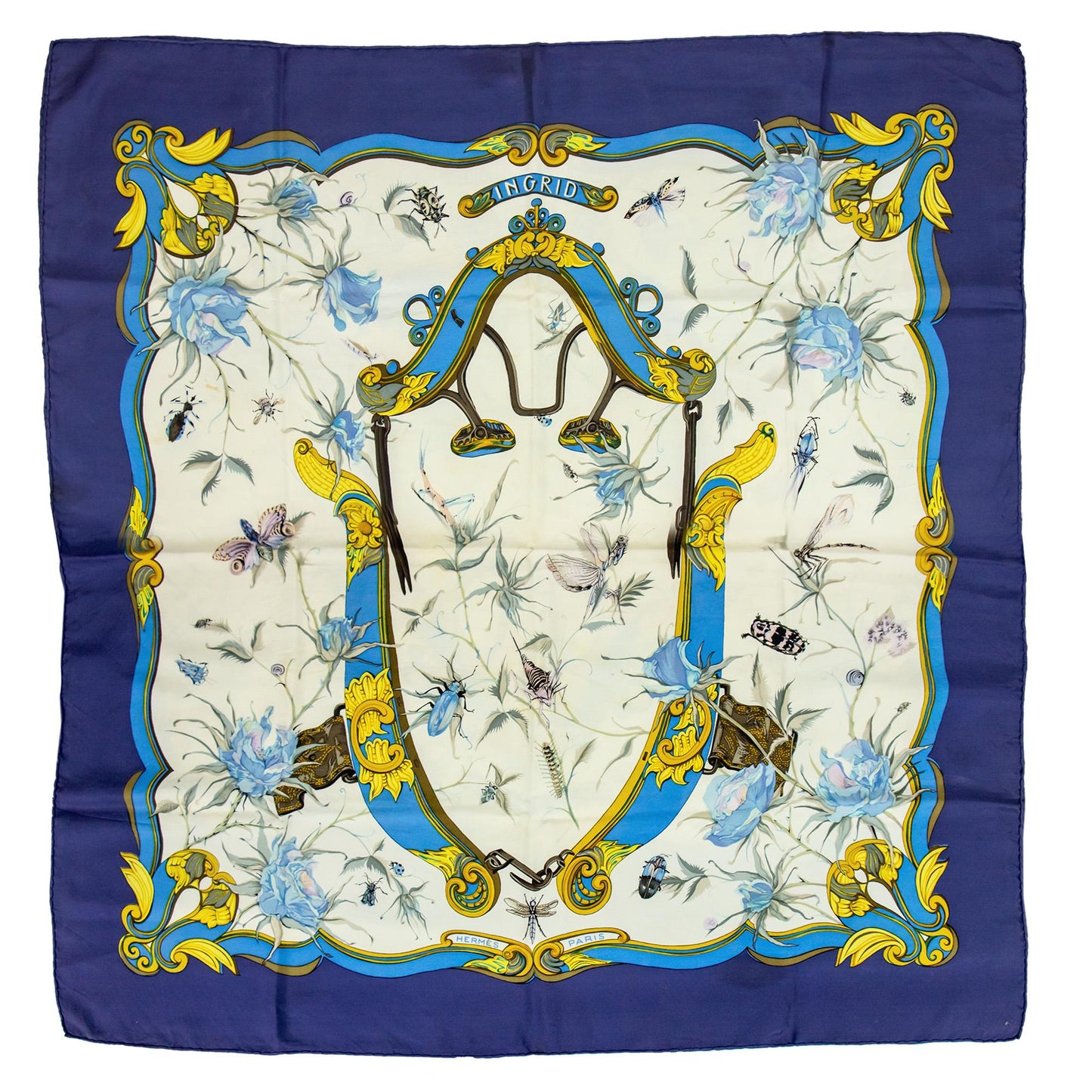 Hermès Carré 90 "Ingrid" 100% Silk Scarf in Navy Blue