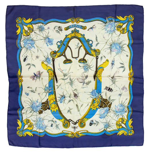 Hermès Carré 90 "Ingrid" 100% Silk Scarf in Navy Blue