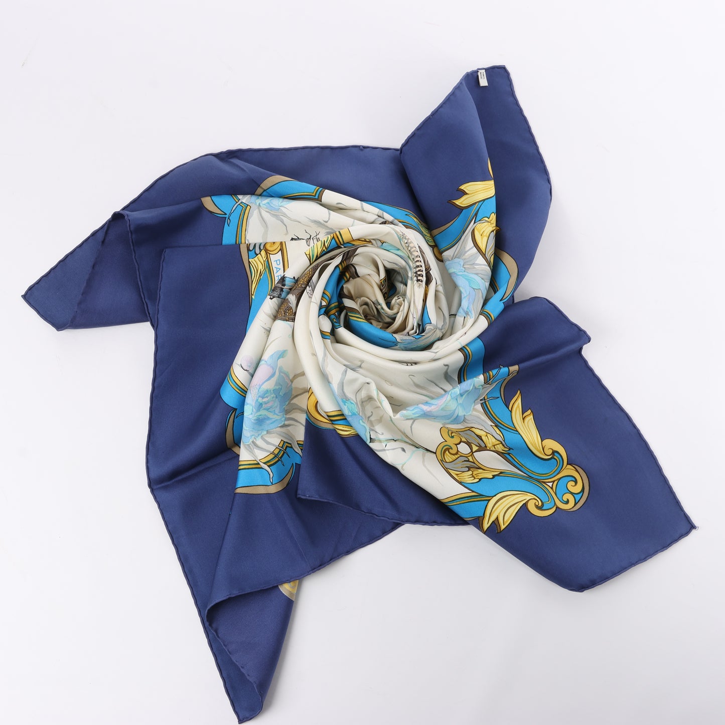 Hermès Carré 90 "Ingrid" 100% Silk Scarf in Navy Blue