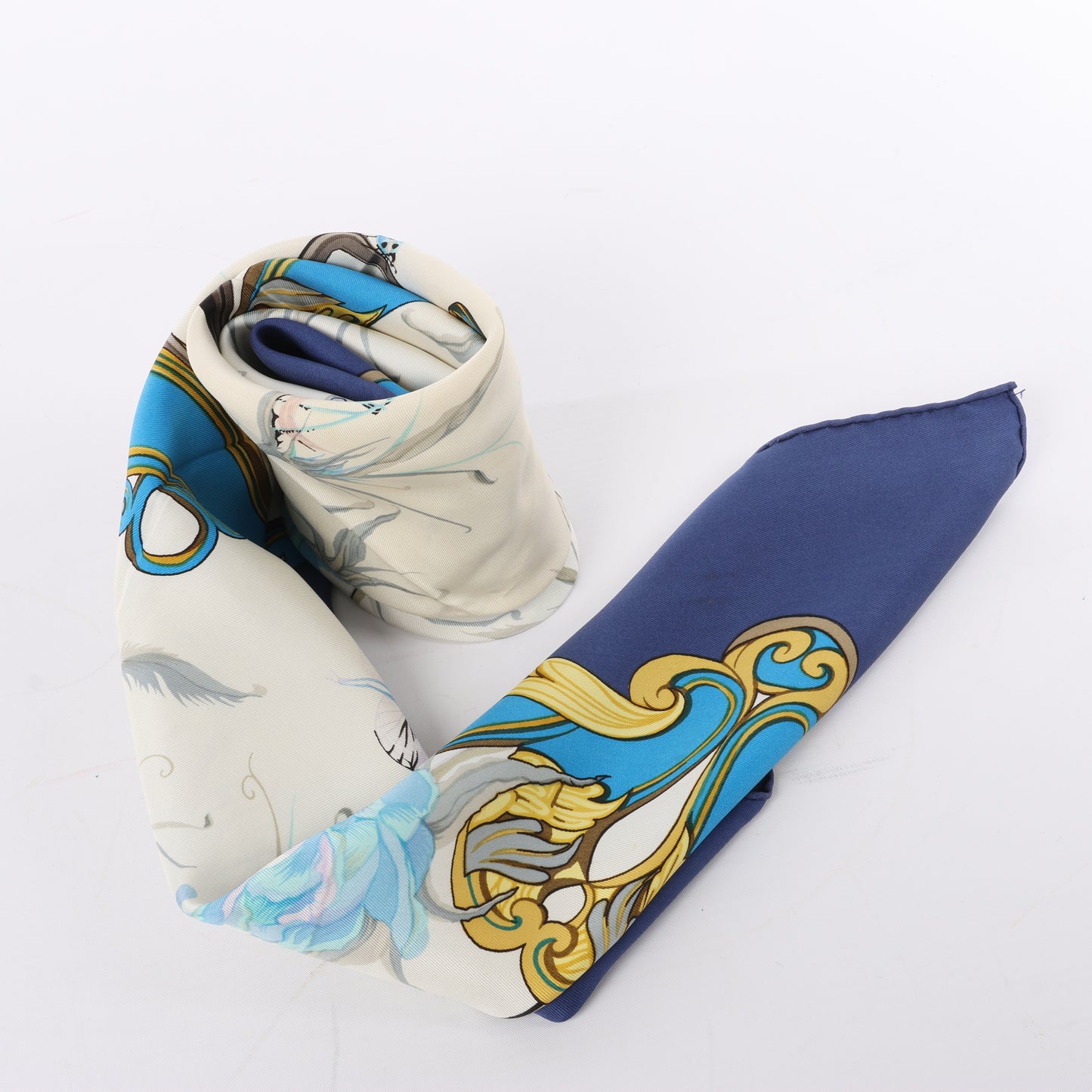 Hermès Carré 90 "Ingrid" 100% Silk Scarf in Navy Blue