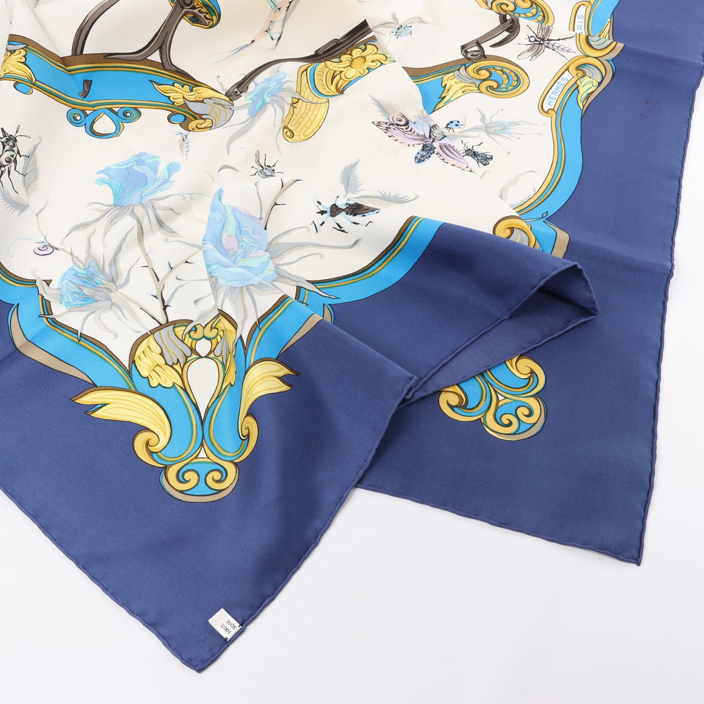 Hermès Carré 90 "Ingrid" 100% Silk Scarf in Navy Blue