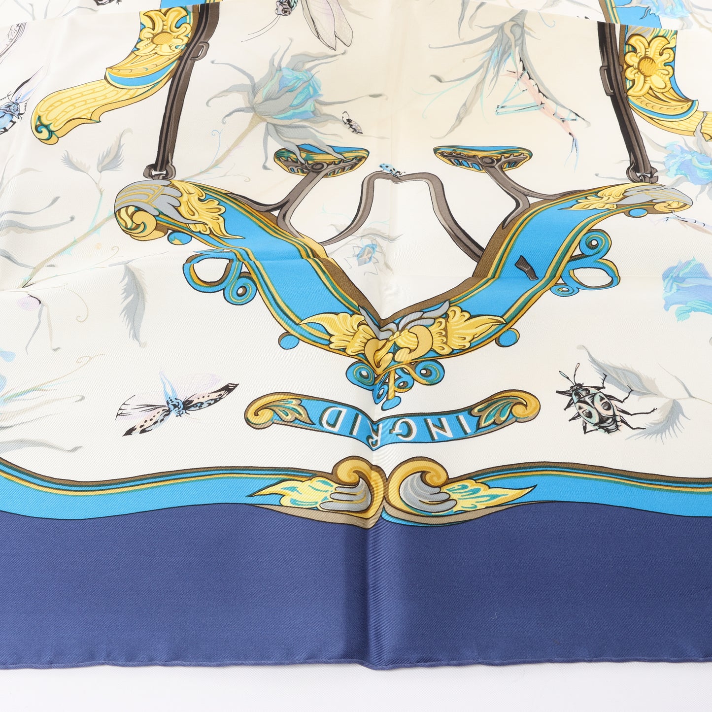Hermès Carré 90 "Ingrid" 100% Silk Scarf in Navy Blue