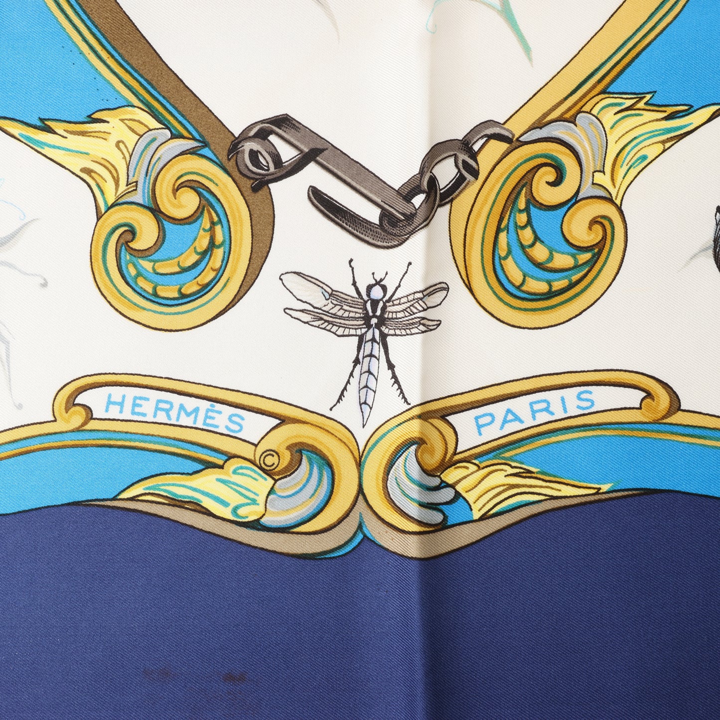 Hermès Carré 90 "Ingrid" 100% Silk Scarf in Navy Blue