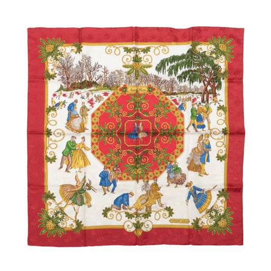 Hermès Carré 90 "Joies d’Hiver" 100% Silk Scarf in Red
