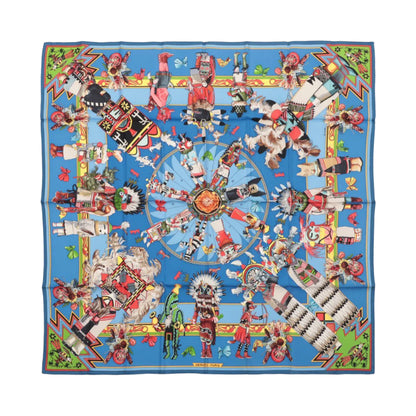 Hermès Carré 90 "Kachinas" 100% Silk Scarf in Blue