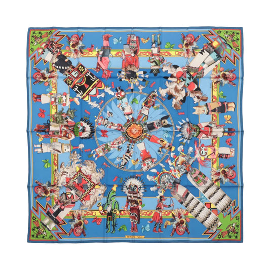 Hermès Carré 90 "Kachinas" 100% Silk Scarf in Blue