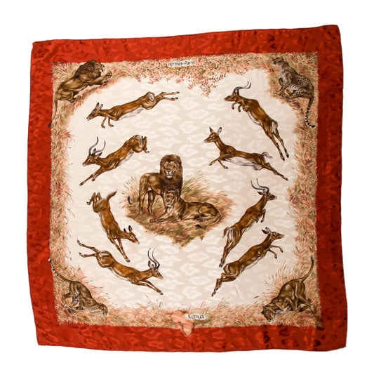 Hermès Carré 90 "Kenya" 100% Silk Scarf in Brown x Red