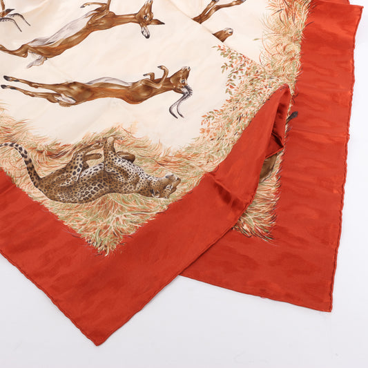 Hermès Carré 90 "Kenya" 100% Silk Scarf in Brown x Red