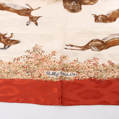 Hermès Carré 90 "Kenya" 100% Silk Scarf in Brown x Red