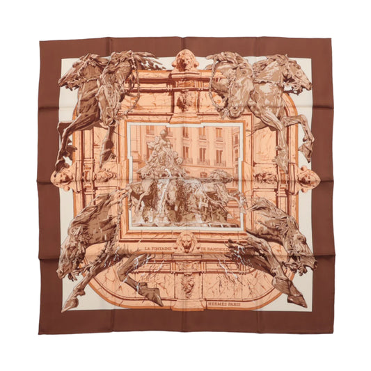 Hermès Carré 90 " LA FONTAINE DE BARTHOLD" 100% Silk Scarf in Brown
