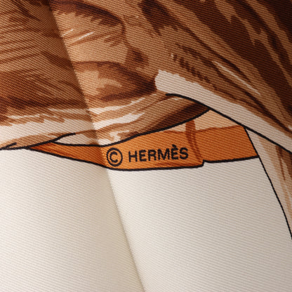 Hermès Carré 90 " LA FONTAINE DE BARTHOLD" 100% Silk Scarf in Brown