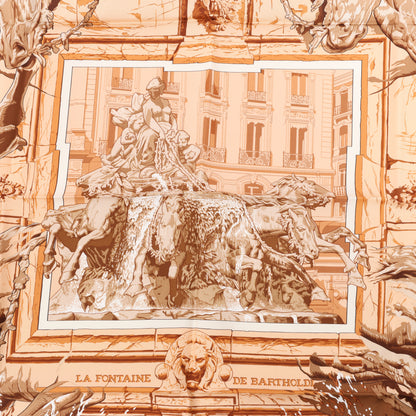 Hermès Carré 90 " LA FONTAINE DE BARTHOLD" 100% Silk Scarf in Brown