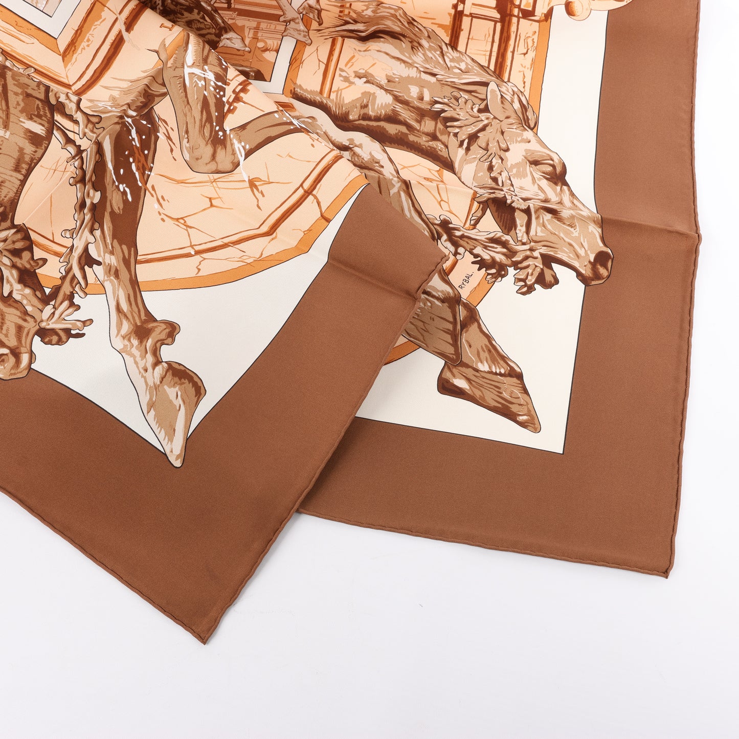Hermès Carré 90 " LA FONTAINE DE BARTHOLD" 100% Silk Scarf in Brown