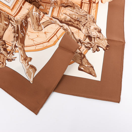 Hermès Carré 90 " LA FONTAINE DE BARTHOLD" 100% Silk Scarf in Brown