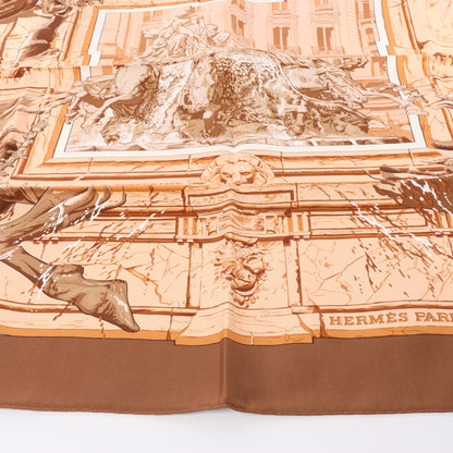 Hermès Carré 90 " LA FONTAINE DE BARTHOLD" 100% Silk Scarf in Brown