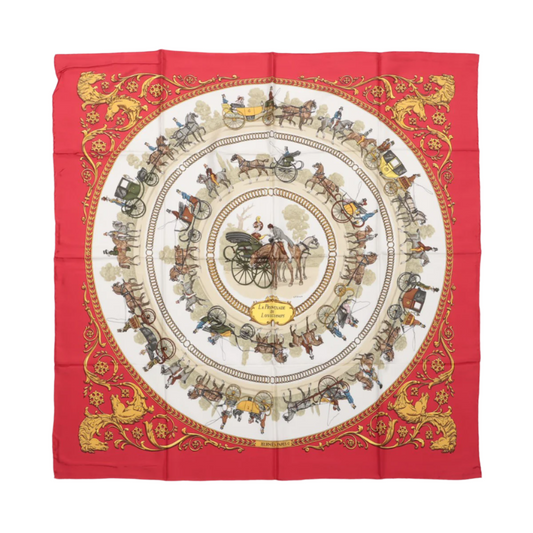 Hermès Carré 90 "LA PROMENADE DE LONGCHAMPS" 100% Silk Scarf in Red