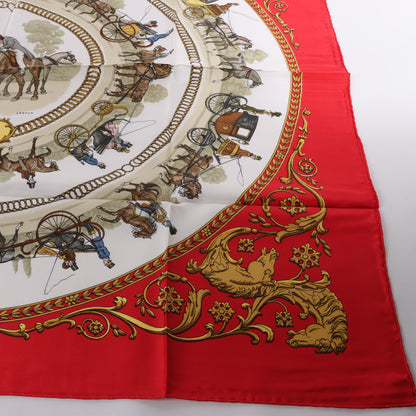 Hermès Carré 90 "LA PROMENADE DE LONGCHAMPS" 100% Silk Scarf in Red