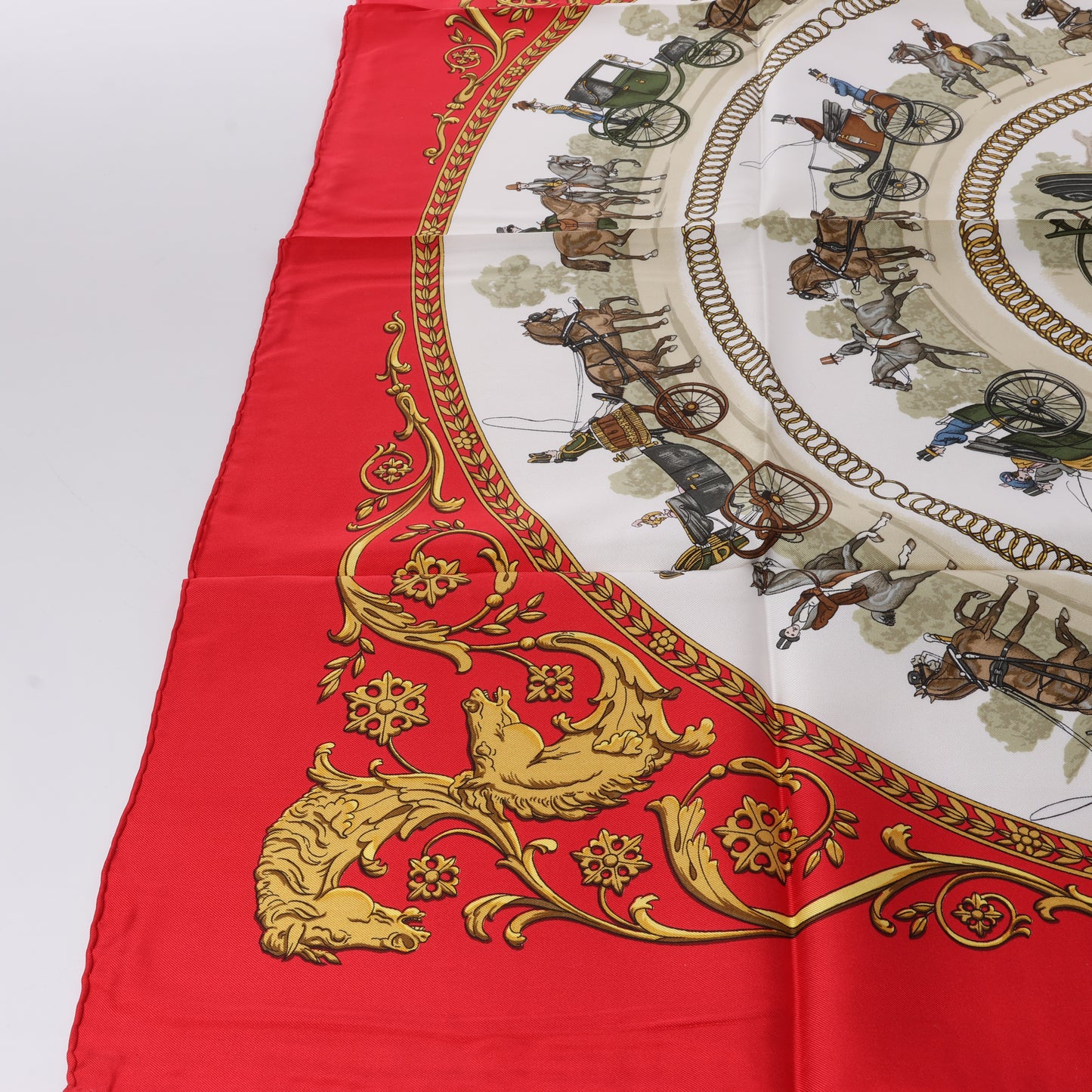 Hermès Carré 90 "LA PROMENADE DE LONGCHAMPS" 100% Silk Scarf in Red
