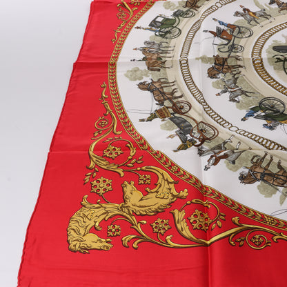 Hermès Carré 90 "LA PROMENADE DE LONGCHAMPS" 100% Silk Scarf in Red