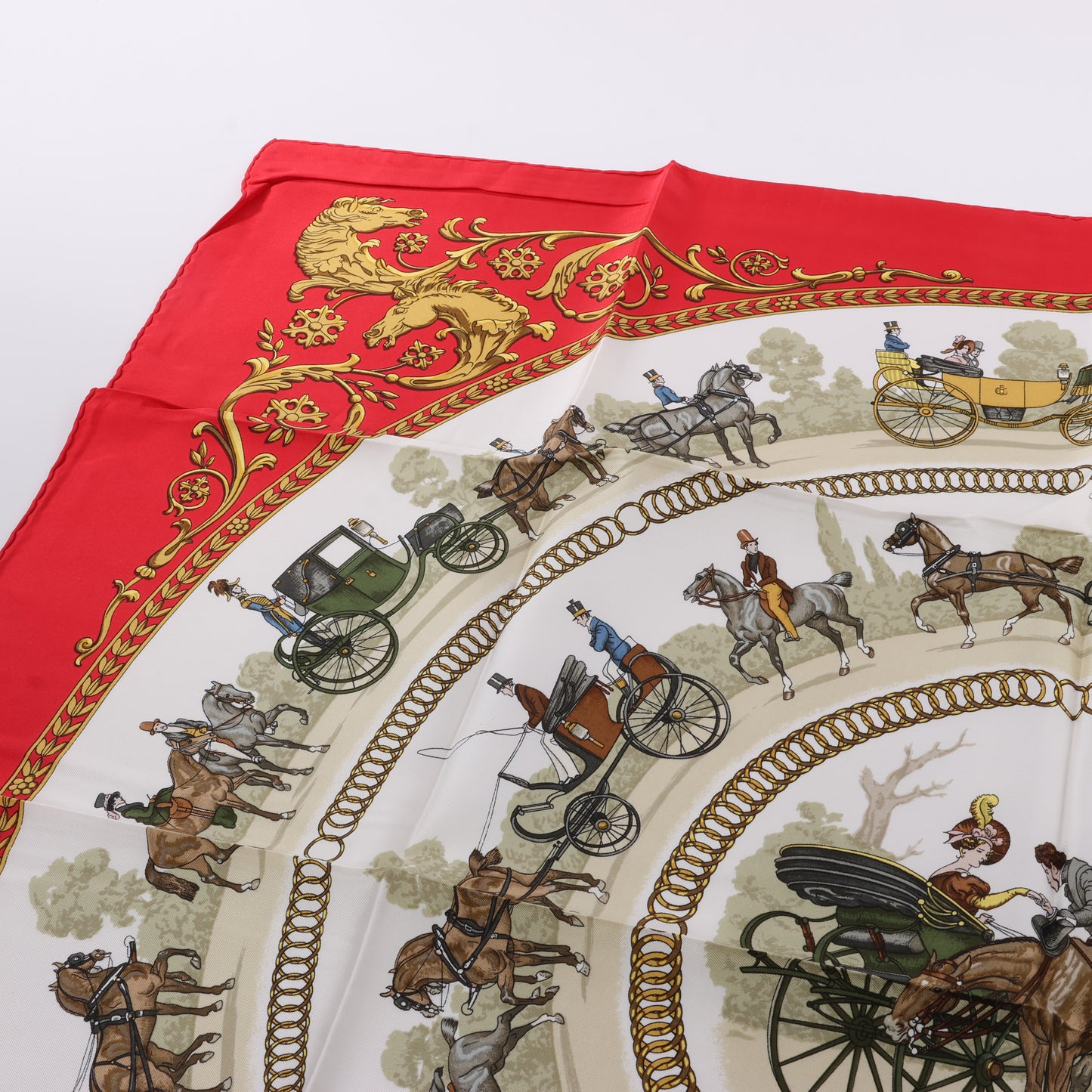 Hermès Carré 90 "LA PROMENADE DE LONGCHAMPS" 100% Silk Scarf in Red