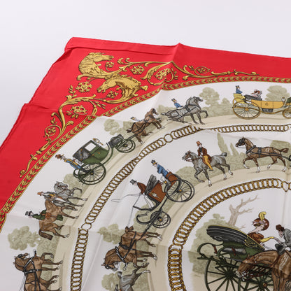 Hermès Carré 90 "LA PROMENADE DE LONGCHAMPS" 100% Silk Scarf in Red