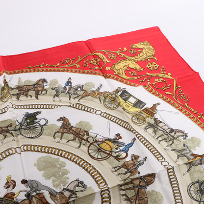 Hermès Carré 90 "LA PROMENADE DE LONGCHAMPS" 100% Silk Scarf in Red