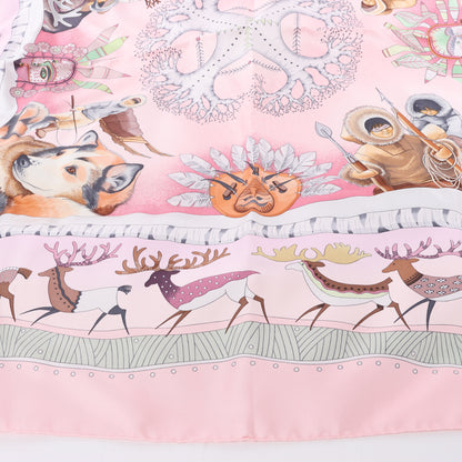 Hermès Carré 90 "LA VIE DU GRAND NORD" 100% Silk Scarf in Pink
