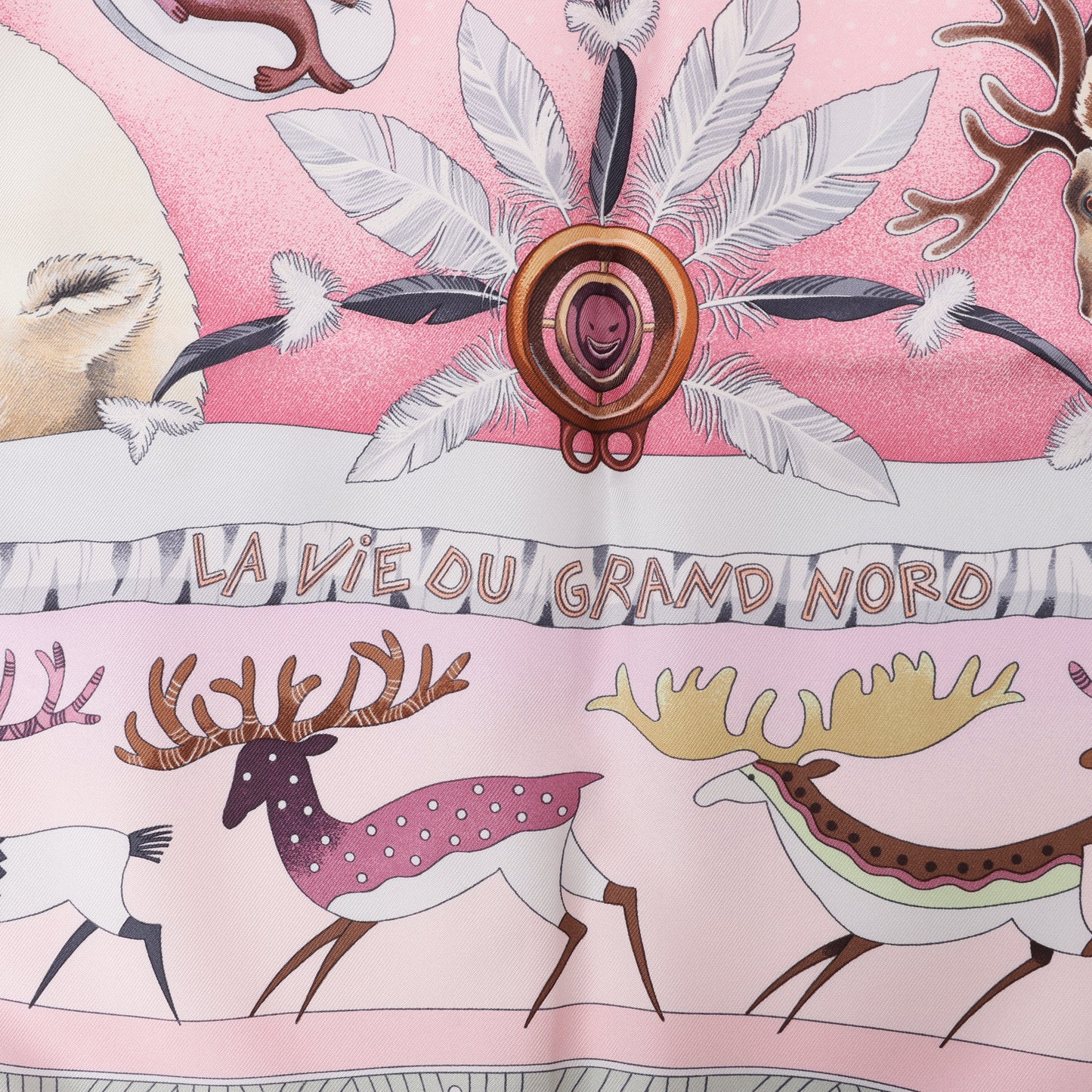 Hermès Carré 90 "LA VIE DU GRAND NORD" 100% Silk Scarf in Pink