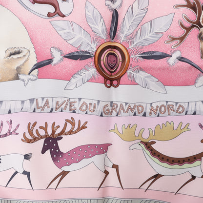 Hermès Carré 90 "LA VIE DU GRAND NORD" 100% Silk Scarf in Pink